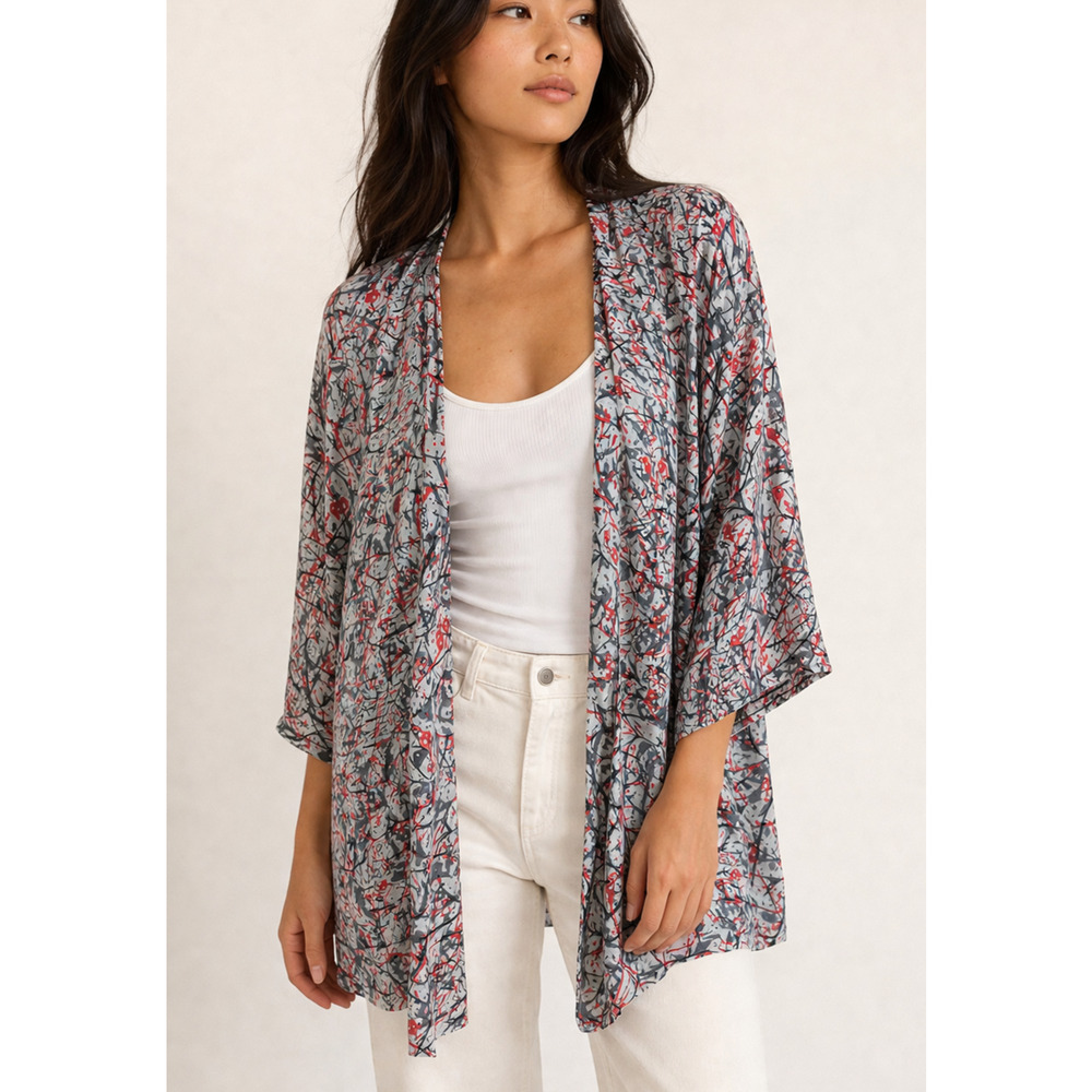Vintage Sashi LTD 100% Silk Artisan MCM Boho Abstract Kimono Cardigan OS